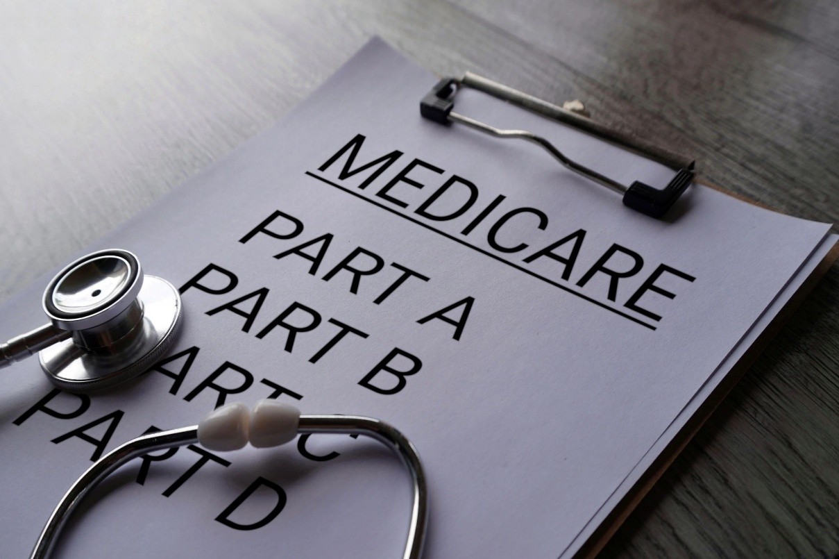 Clipboard listing Medicare Part A, Part B, Part C, and Part D with a stethoscope.