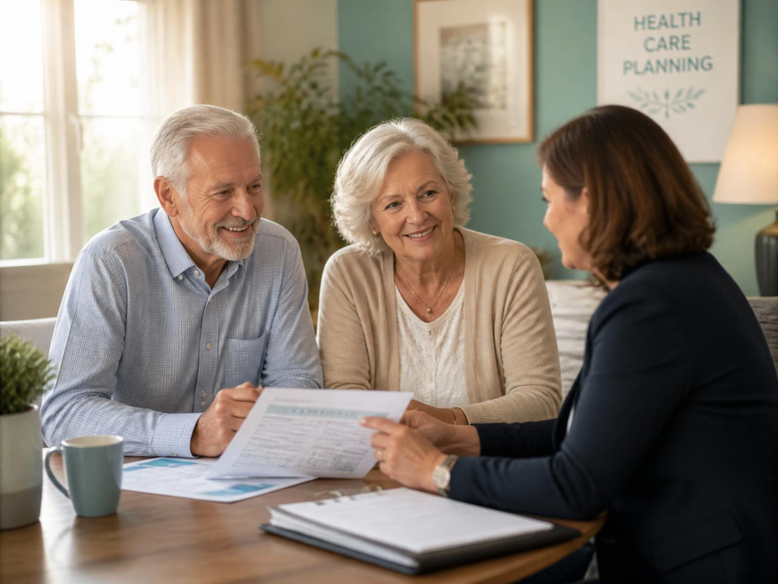 Karen reviewing Medicare paperwork with a senior couple.